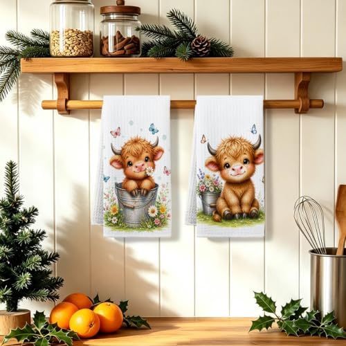 2 Pcs Cute Highland Cow Kitchen Towels, Cows Soft Absorbent Hand Towels 04 - Image 5