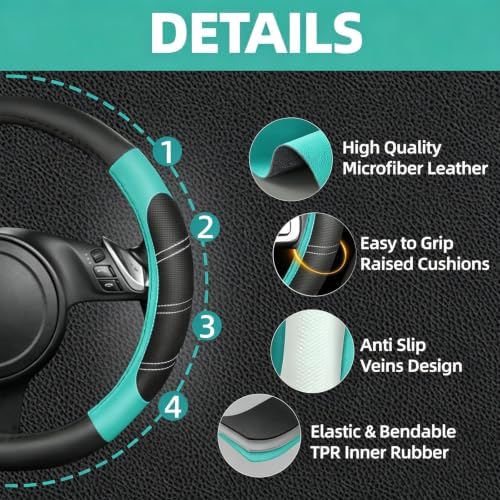 NBTEPEM 6 Pcs Mint Steering Wheel Cover Set, Sport Microfiber Leather Steering - Image 3