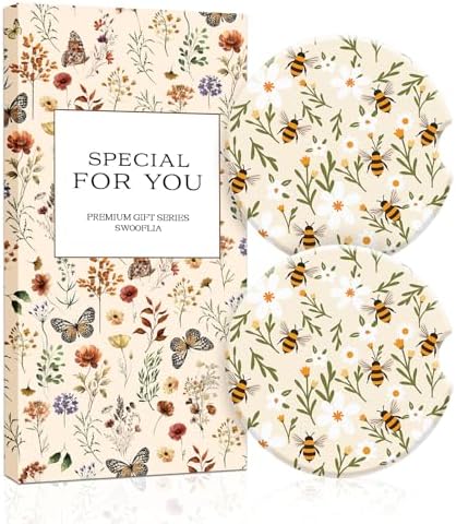 Swooflia Floral Absorbent Ceramic Car Coasters Set of 2, Cute Botanical by Swooflia