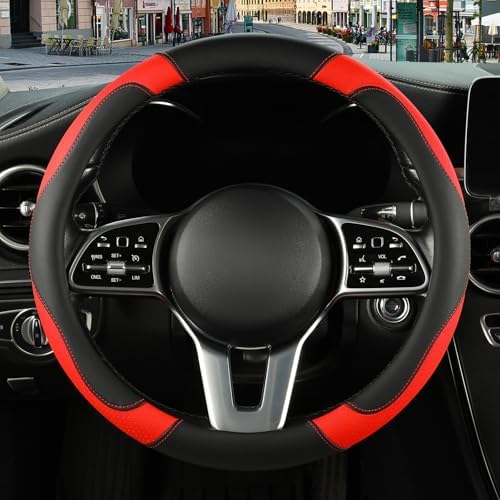 Black Red Breathable Microfiber Leather Steering Wheel Cover - Image 2