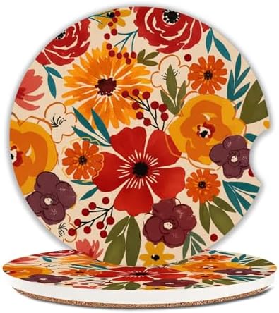 Floral Car Coasters for Cup Holders Set of 2 Colorful Flowers Absorbent Ceramic by Unknown