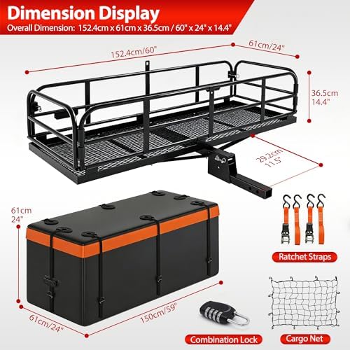 500 LBS Folding Hitch Cargo Carrier Basket 60" X 24" X 14.4"+ Waterproof Bag - Image 2