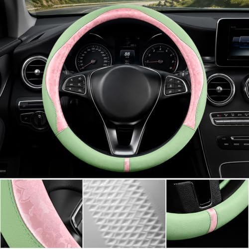 Pink & Green Patterned Leather Patchwork Steering Wheel Cover, 14.5-15 Inch - Image 4