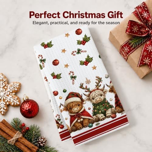 2 Pcs Christmas Kitchen Towels, Highland Cow Soft Absorbent Hand Tea Towels - Image 2