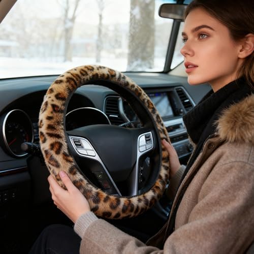 Brown Leopard Print Fuzzy Steering Wheel Cover Universal-2PCS Car Coasters - Image 7