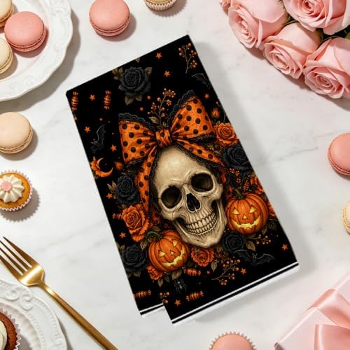 ZHAMEN 2 Pcs Halloween Kitchen Towels, Skull Soft Absorbent Hand Tea Towels - Image 2