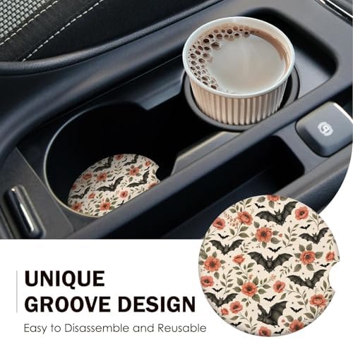 Bats Car Coasters for Cup Holders Set of 2 Floral Absorbent Ceramic Cup Coaster - Image 7
