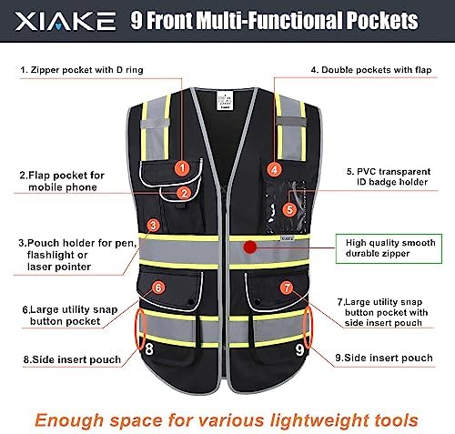 XIAKE 9 Pockets Class 2 High Visibility Reflective Safety Vest - Image 3