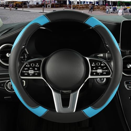 Black Blue Microfiber Leather Steering Wheel Cover 14 inch - Image 2