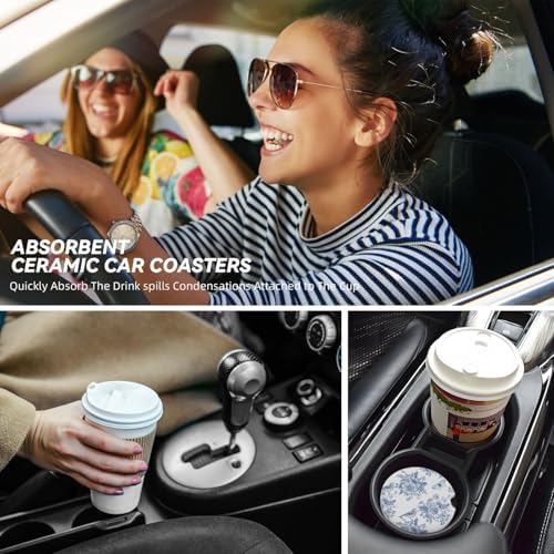 Vintage Blue Flower Car Cup Coaster 2 Pack Ceramic Absorbent Car Coasters 2.56 - Image 7