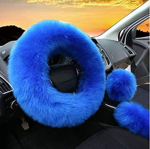 Blue Fluffy Sheepskin Car Steering Wheel Covers - Image 2