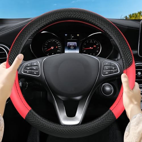 Leather Patchwork Black Red Steering Wheel Cover, 14.5-15 Inch Non-Slip - Image 3