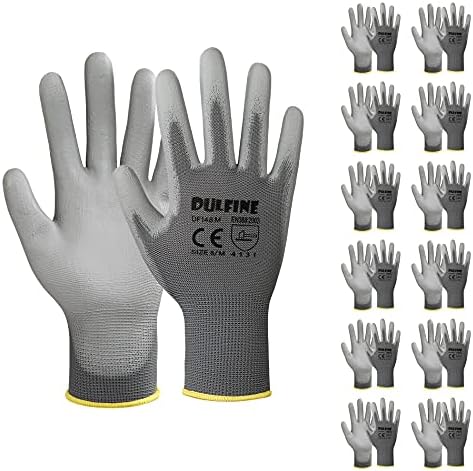 DULFINE Safety Work Gloves for Men & Women 12 Pairs, PU Coated Grey L by DULFINE