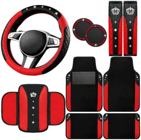 NBTEPEM 10 Pcs Bling Red Car Floor Mats Set, Leather Red Steering Wheel Covers by NBTEPEM
