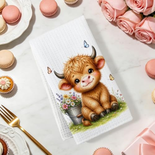 2 Pcs Cute Highland Cow Kitchen Towels, Cows Soft Absorbent Hand Towels 04 - Image 2