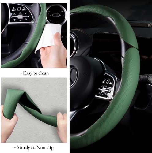 Car Steering Wheel Cover Leather 14.5-15 in Universal 3Pcs Set Green - Image 6
