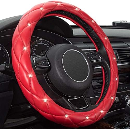 Red Steering Wheel Cover, Leather Car Steering Wheel Cover, Crystal Rhinestones by Xizopucy