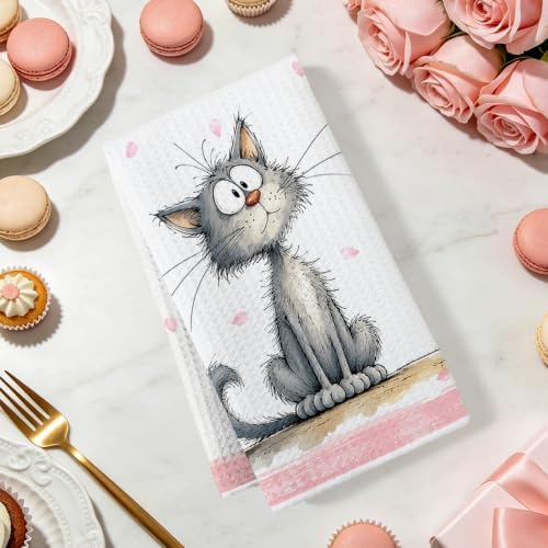 2 Pcs Cute Cat Kitchen Towels, Cat Theme Soft Absorbent Hand Tea Towels 01 - Image 2