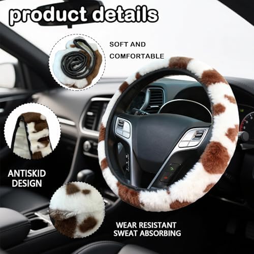 Brown Cow Print Fuzzy Steering Wheel Cover Universal-2PCS Car Coasters - Image 3