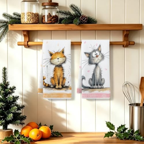 2 Pcs Cute Cat Kitchen Towels, Cat Theme Soft Absorbent Hand Tea Towels 01 - Image 5