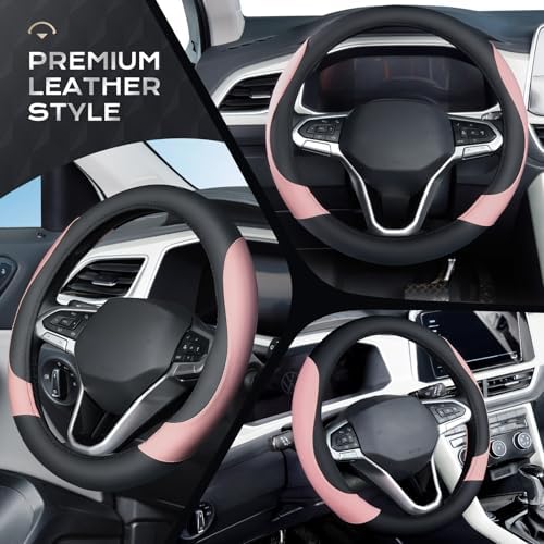 Coverado Car Steering Wheel Cover, Nappa Leather Black & Pink Steering Wheel - Image 4