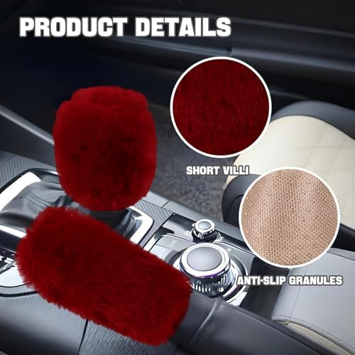Hovom 2PCS Fluffy Car Gear Shift Knob Cover & Handbrake Cover, Wine Red - Image 3