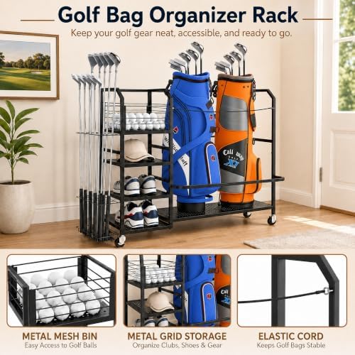2 Golf Bag Storage Organizer for Garage, Metal Rack - Image 2