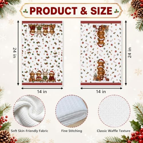 2 Pcs Christmas Kitchen Towels, Highland Cow Soft Absorbent Hand Tea Towels - Image 3