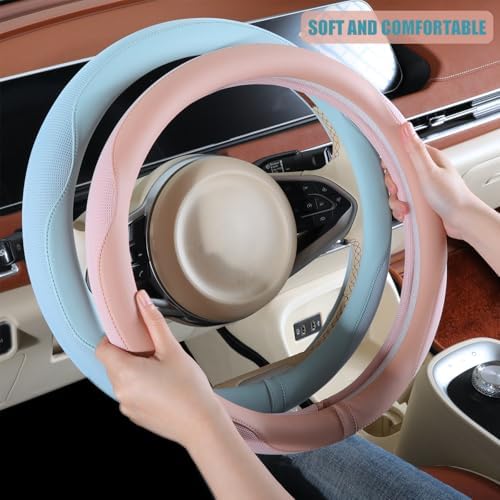 Nappa Leather Ice Silk Fabric Blue Steering Wheel Cover - Image 4