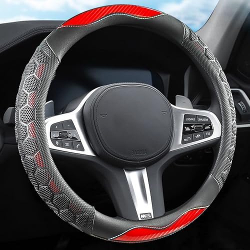 3D Honeycomb Red Steering Wheel Cover, 14.5-15 Inch Non-Slip Breathable Leather - Image 2
