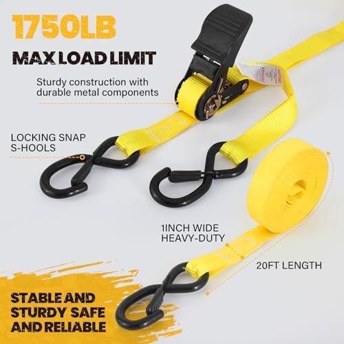 1" x20FT Extra Long Ratchet Straps - 1750lb Capacity Heavy Duty Tie Downs - Image 2