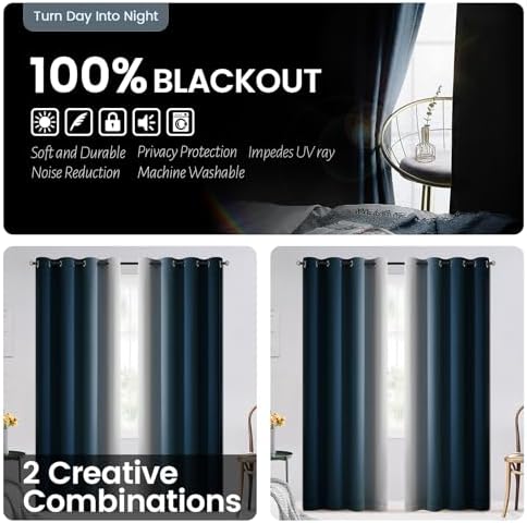 SimpleHome Ombre Navy Blue 100% Blackout Bedroom Curtains White Liner 84L - Image 6