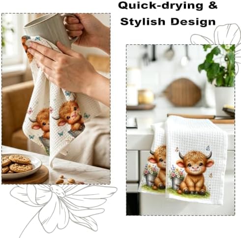 2 Pcs Cute Highland Cow Kitchen Towels, Cows Soft Absorbent Hand Towels 04 - Image 6