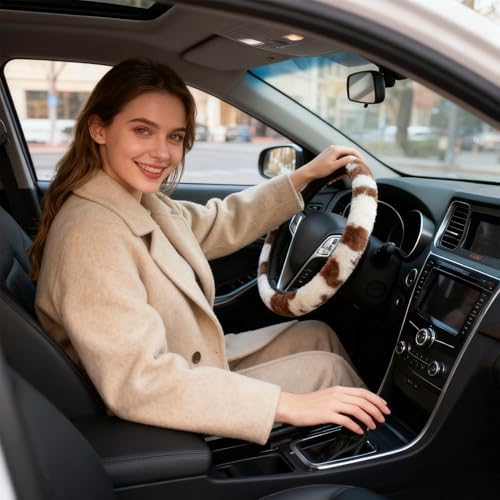 Brown Cow Print Fuzzy Steering Wheel Cover Universal-2PCS Car Coasters - Image 4