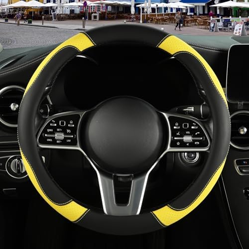 Black Yellow Microfiber Leather Steering Wheel Cover 14 inch - Image 2