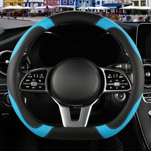 Black Blue Microfiber Leather D Shaped Steering Wheel Cover by Binsheo