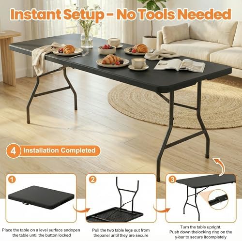 Black 6FT Folding Table with 6 Plastic Folding Chairs - Image 5