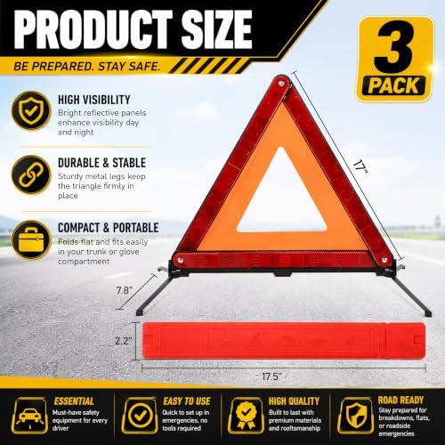 Fasmov 3 Pack Emergency Warning Triangle Kit, High Visibility Reflective Safety - Image 2