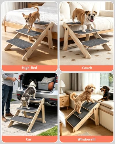 Woodure Foldable Dog Stairs, Convertible 3-Step Wooden Dog Ramp, Cat Step - Image 7