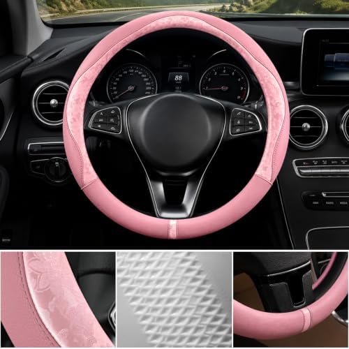 Pink Patterned Leather Patchwork Steering Wheel Cover, 14.5-15 Inch Universal - Image 4