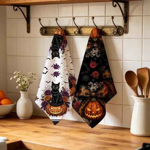 ZHAMEN 2 Pcs Halloween Kitchen Towels, Cat Soft Absorbent Hand Tea Towels - Image 4