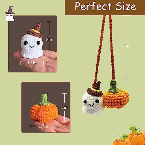 Crochet Car Mirror Hanging Accessories, Halloween Pumpkin and Ghost Cute Car - Image 3