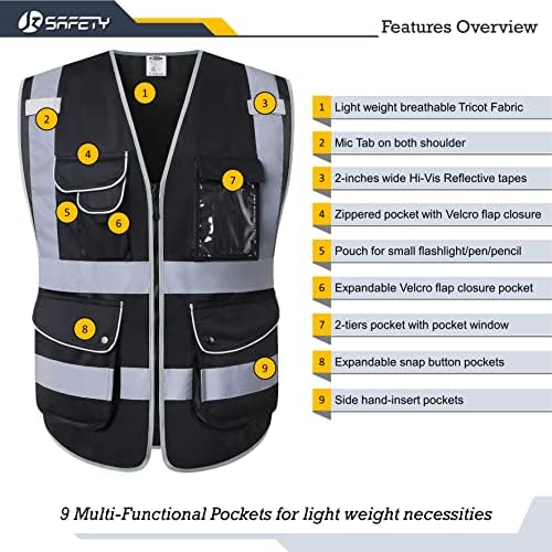 JKSafety Safety Vest for Men Women Reflective Hi Vis JK150 Black 3XL - Image 3