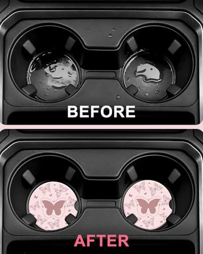 Swooflia Cute Girly Ceramic Car Coasters Pink Butterfly Cup Holder Coasters - Image 4