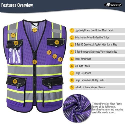 JKSafety Safety Vest for Men Women Hi Vis Reflective Vest JK220 PurpleB XL - Image 4