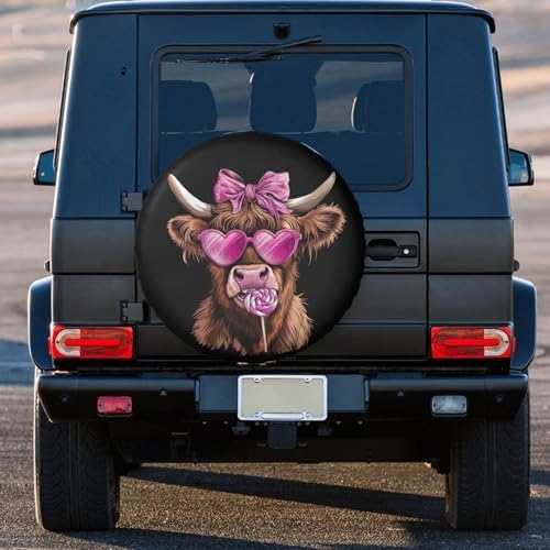 Highland Cow Pink Heart Glasses Lollipop Bow Spare Tire Cover - Image 3