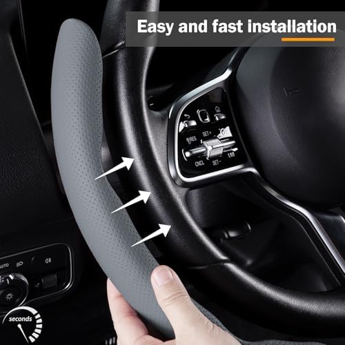 Car Steering Wheel Cover Leather 14.5-15 in Universal 3Pcs Set Gray - Image 3