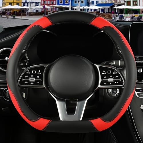 Black Red Microfiber Leather D Shaped Steering Wheel Cover by Binsheo