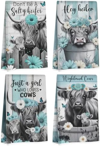 4 Pcs Highland Cattle Kitchen Towels, Highland Cow Gifts by NISTOMISU