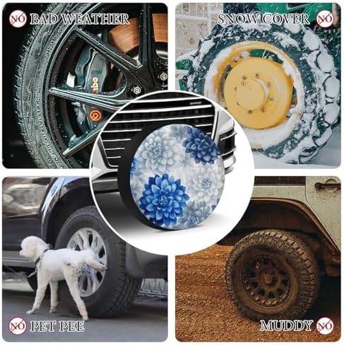 Blue and Grey Dahlia Flower Heavy Duty Spare Tire Cover Spring Summer - Image 7